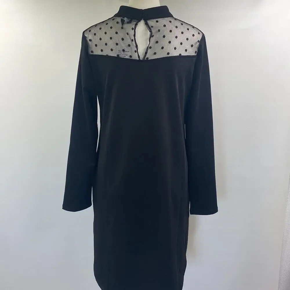 Suzanne Betro Dress Black Polkadot Sheer Neck Long‎ Sleeve Dress Sz M NWT
